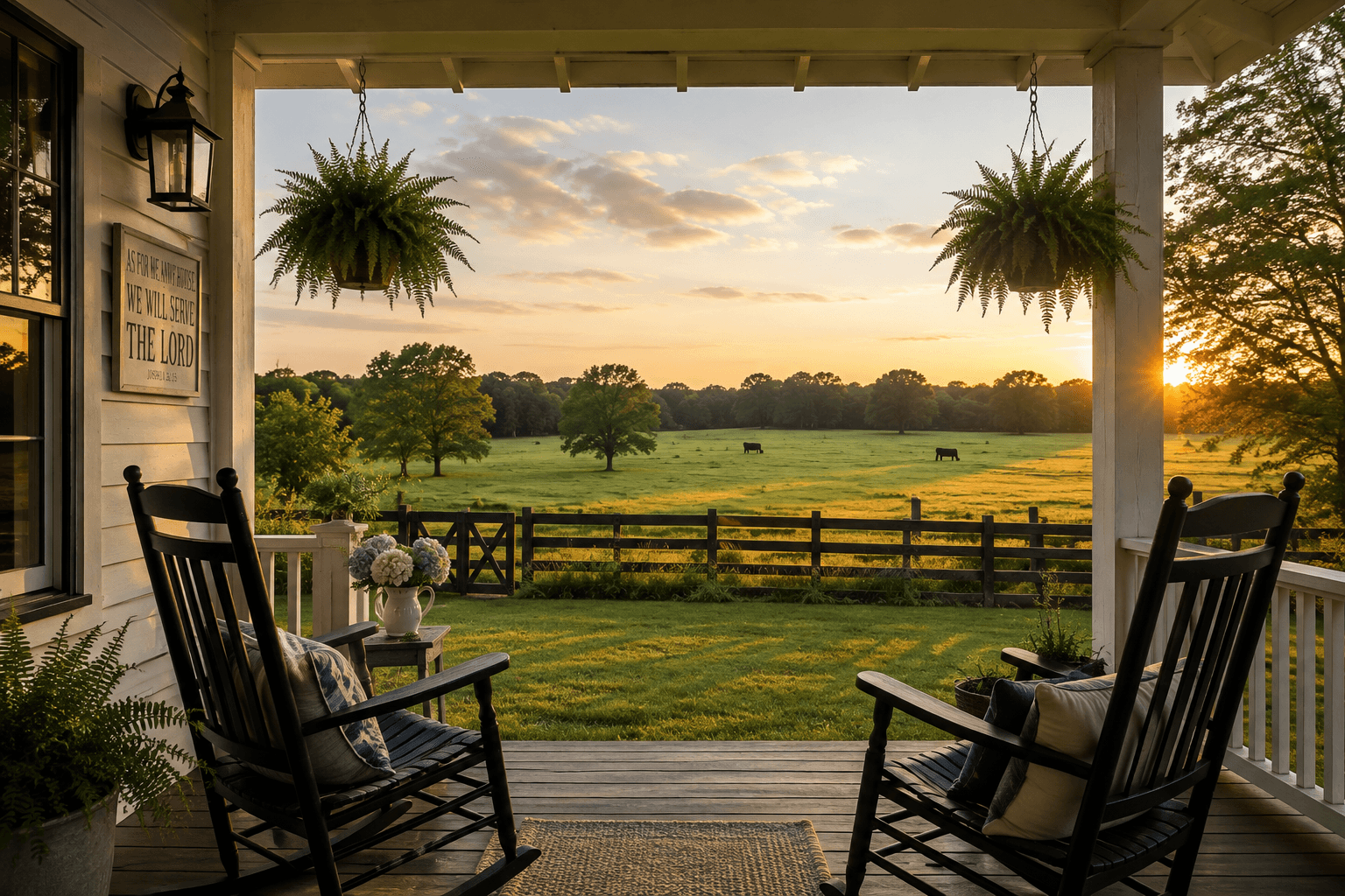A front porch at sunset with rocking chairs, hanging ferns, and a pasture beyond the fence